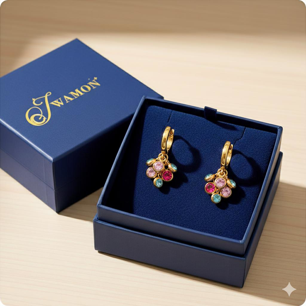 Créoles Dorées Pierres Multicolores Premium en Moissanite IWAMON Le Luxe d'être soi même