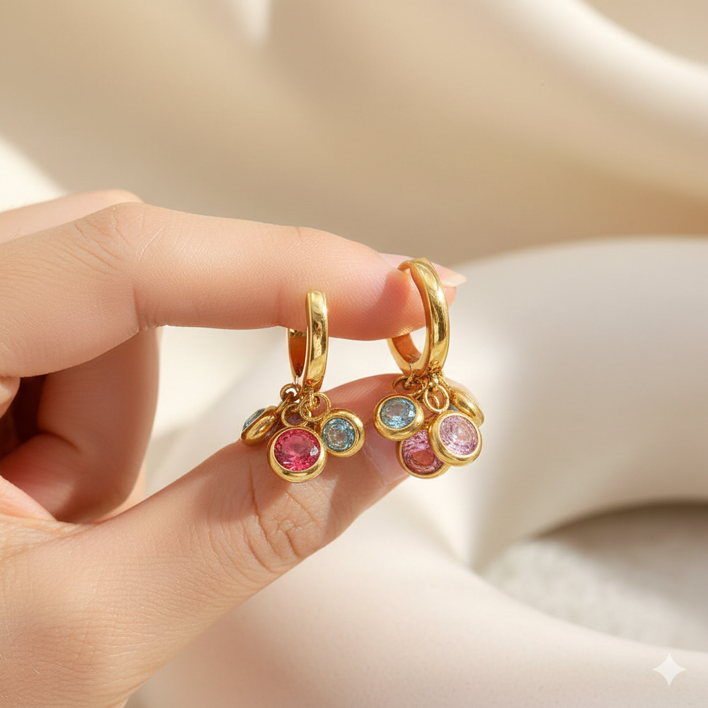 Créoles Dorées Pierres Multicolores Premium en Moissanite IWAMON Le Luxe d'être soi même