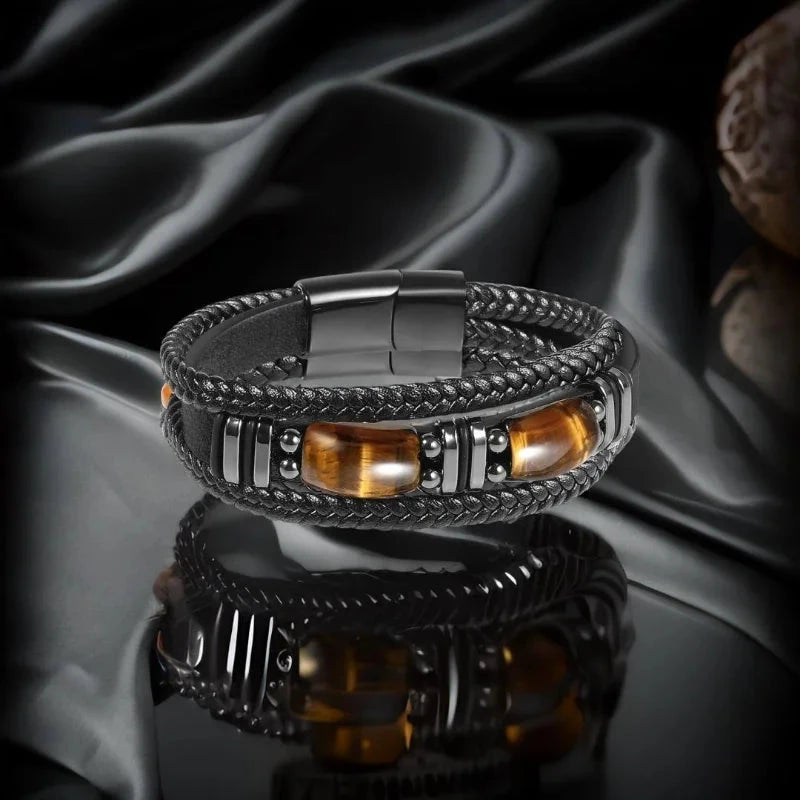 IWAMON-BIJOUX- Bracelet Masculin Cuir Tressé Noir & Œil de Tigre IWAMON-BIJOUX