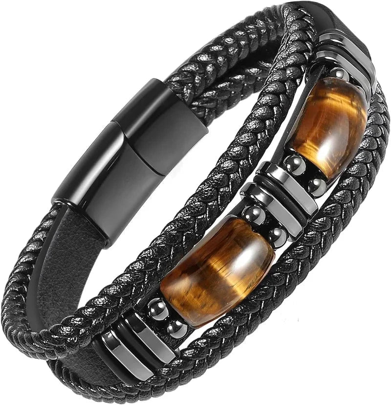 IWAMON-BIJOUX- Bracelet Masculin Cuir Tressé Noir & Œil de Tigre IWAMON-BIJOUX