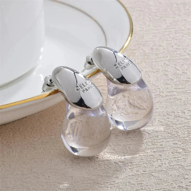 Boucles d'Oreilles Goutte d'Eau - Résine Ambrée Plaqué Or IWAMON-BIJOUX