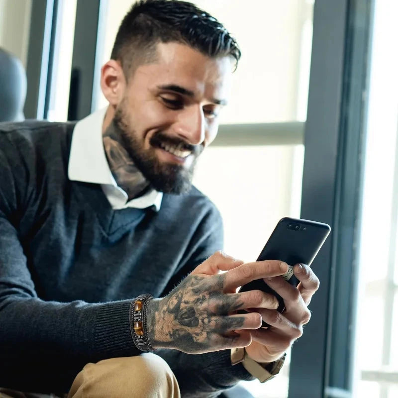 IWAMON-BIJOUX- Bracelet Masculin Cuir Tressé Noir & Œil de Tigre IWAMON-BIJOUX