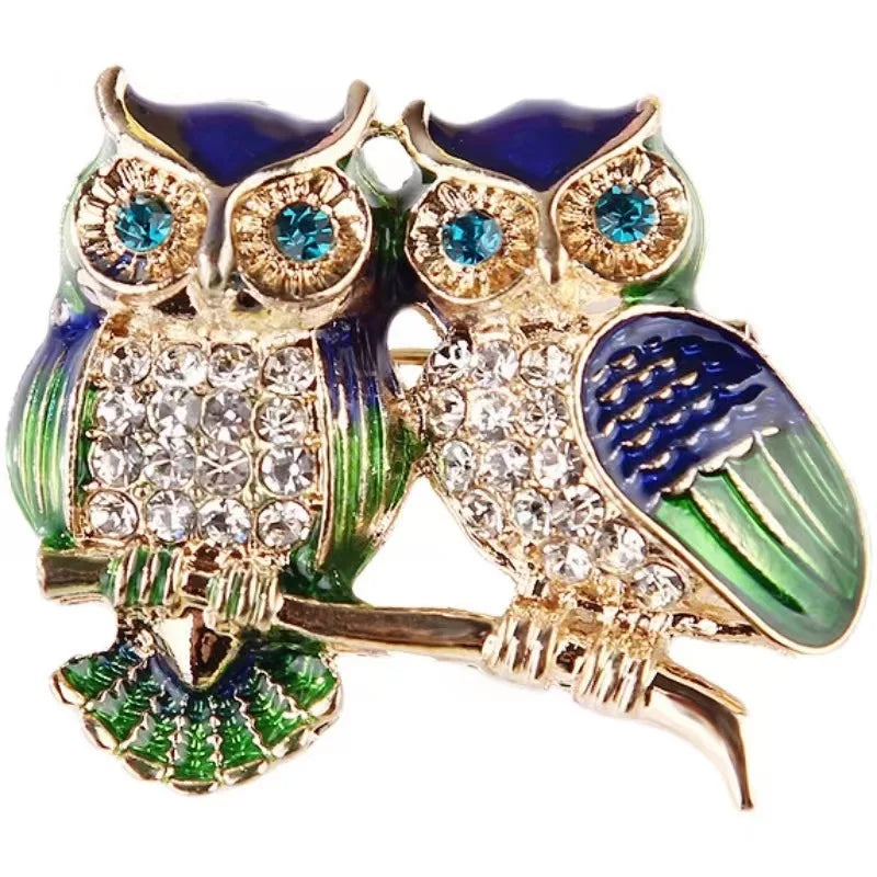 Trendy Double Owl Brooches Rhinestone Brooch Badge Pin Bird Animal Party Casual Suit Decoration Badge For Women Corsage Gifts IWAMON-BIJOUX