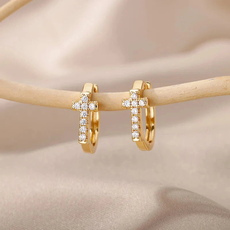 Petites Créoles Croix Zircon - Acier Inoxydable Or/Argent IWAMON-BIJOUX