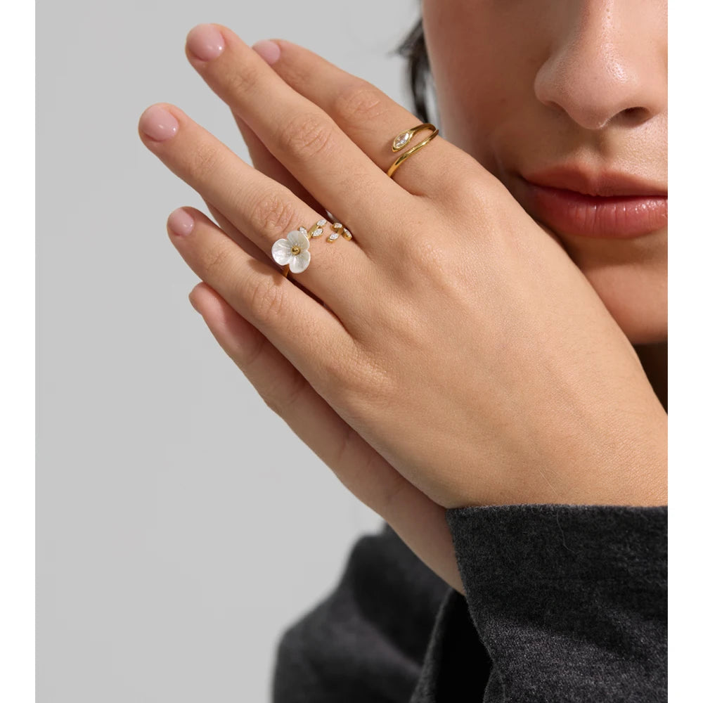 Yhpup New Stainless Steel Zirconia Snake Adjustable Ring Gold & Platinum Plated Minimalist Chic Fashion Jewelry Hypoallergenic IWAMON-BIJOUX