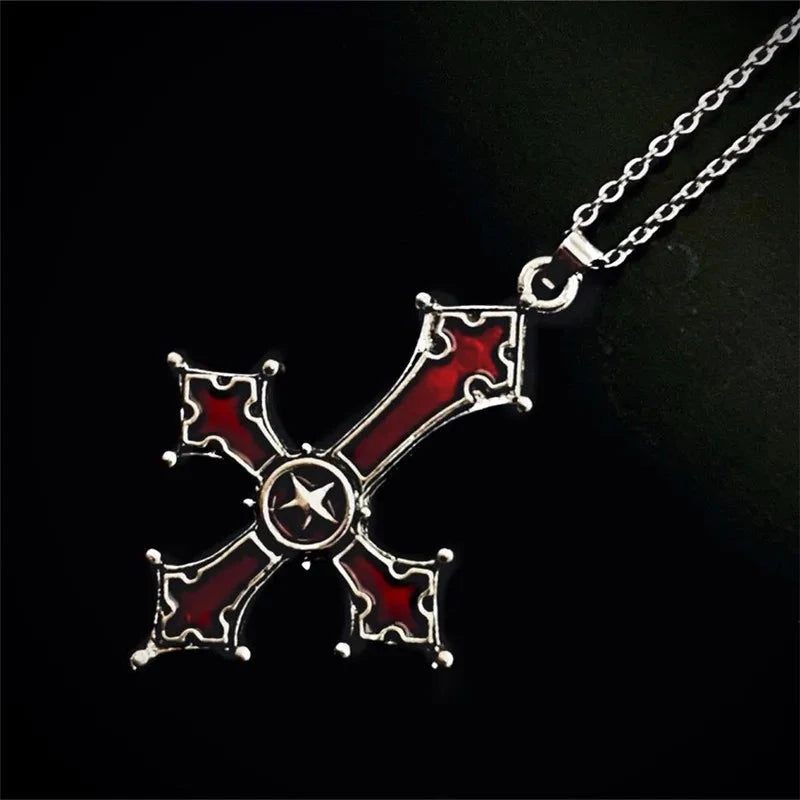 IWAMON-BIJOUX-Collier Croix Gothique Punk Rouge IWAMON-BIJOUX