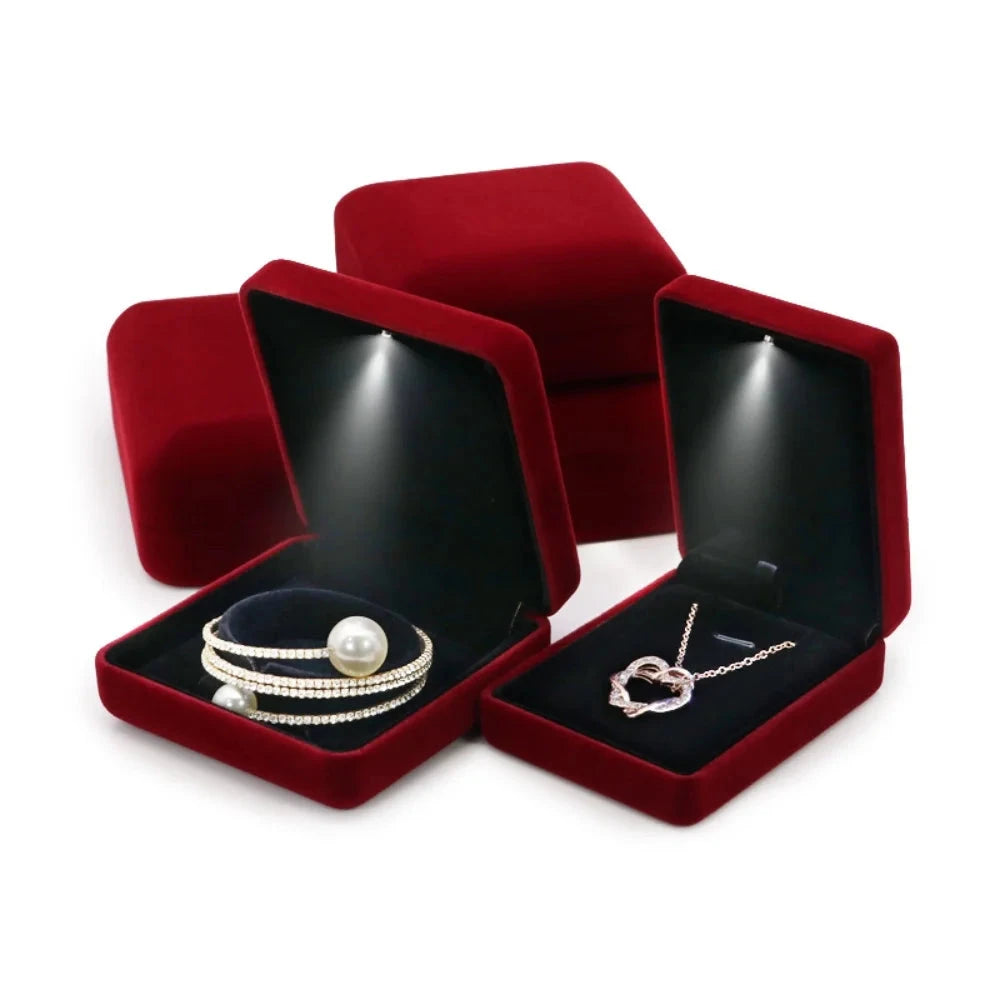 Coffret à bijoux de luxe en velours rouge vin avec éclairage LED IWAMON-BIJOUX