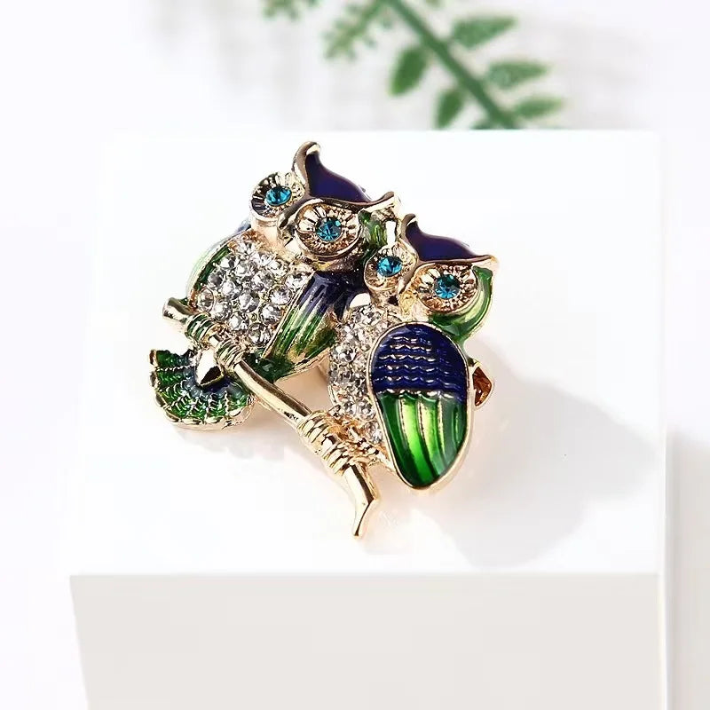 Trendy Double Owl Brooches Rhinestone Brooch Badge Pin Bird Animal Party Casual Suit Decoration Badge For Women Corsage Gifts IWAMON-BIJOUX