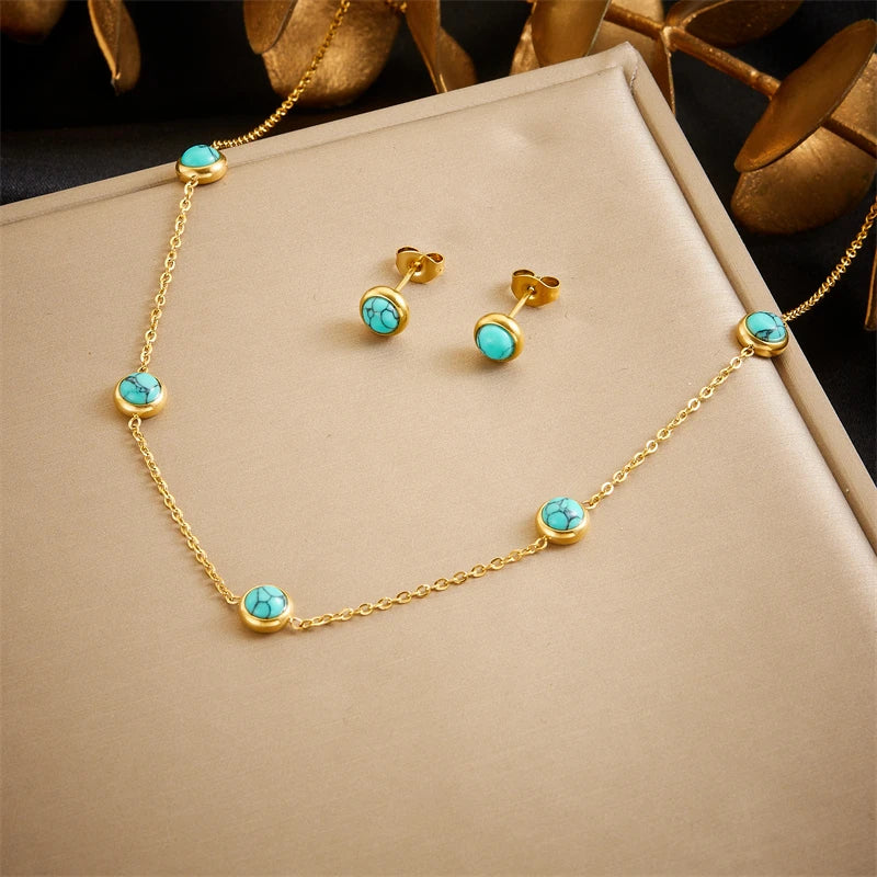 DIEYURO 316L Stainless Steel Turquoise Simplicity Golden Necklace Earrings For Women 2024 New Fashion Jewelry Set Party Gifts IWAMON-BIJOUX