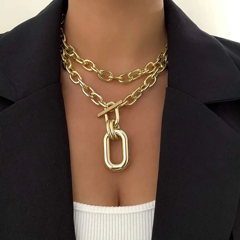 Exaggerated Gold Color Big Elliptical Pendant Necklace for Women Punk Hip Hop Metal Chunky Chain OT Buckle Necklace Jewelry Gift IWAMON-BIJOUX