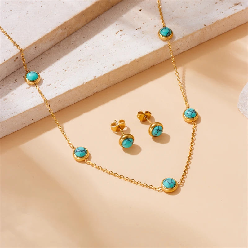 DIEYURO 316L Stainless Steel Turquoise Simplicity Golden Necklace Earrings For Women 2024 New Fashion Jewelry Set Party Gifts IWAMON-BIJOUX