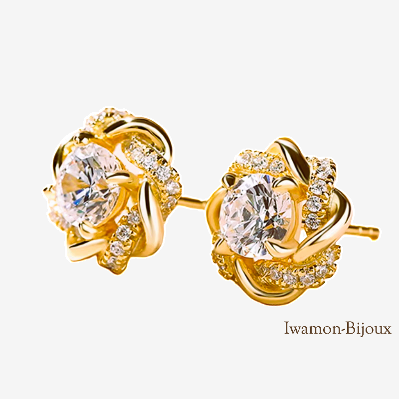 IWAMON-BIJOUX-Boucles d'Oreilles Fleur Dorées - Plaque or Brillants Femme IWAMON-BIJOUX